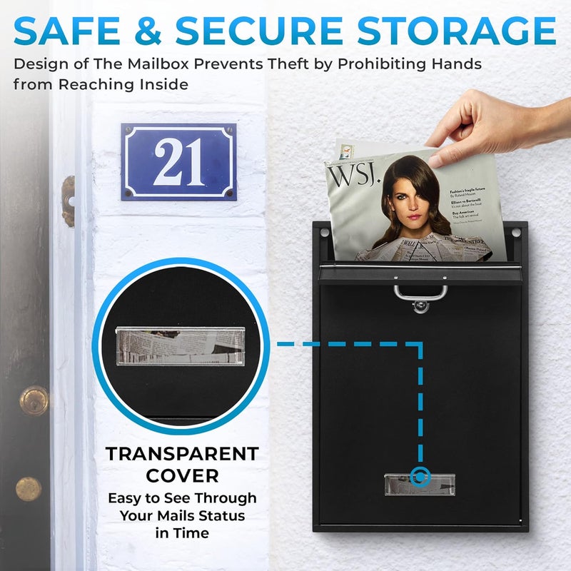 Yulli Wall Mounted Locking Vertical Dropbox Mailbox - Safe and Secure (Large) | Made with Galvanized Steel (Black) - Image 4